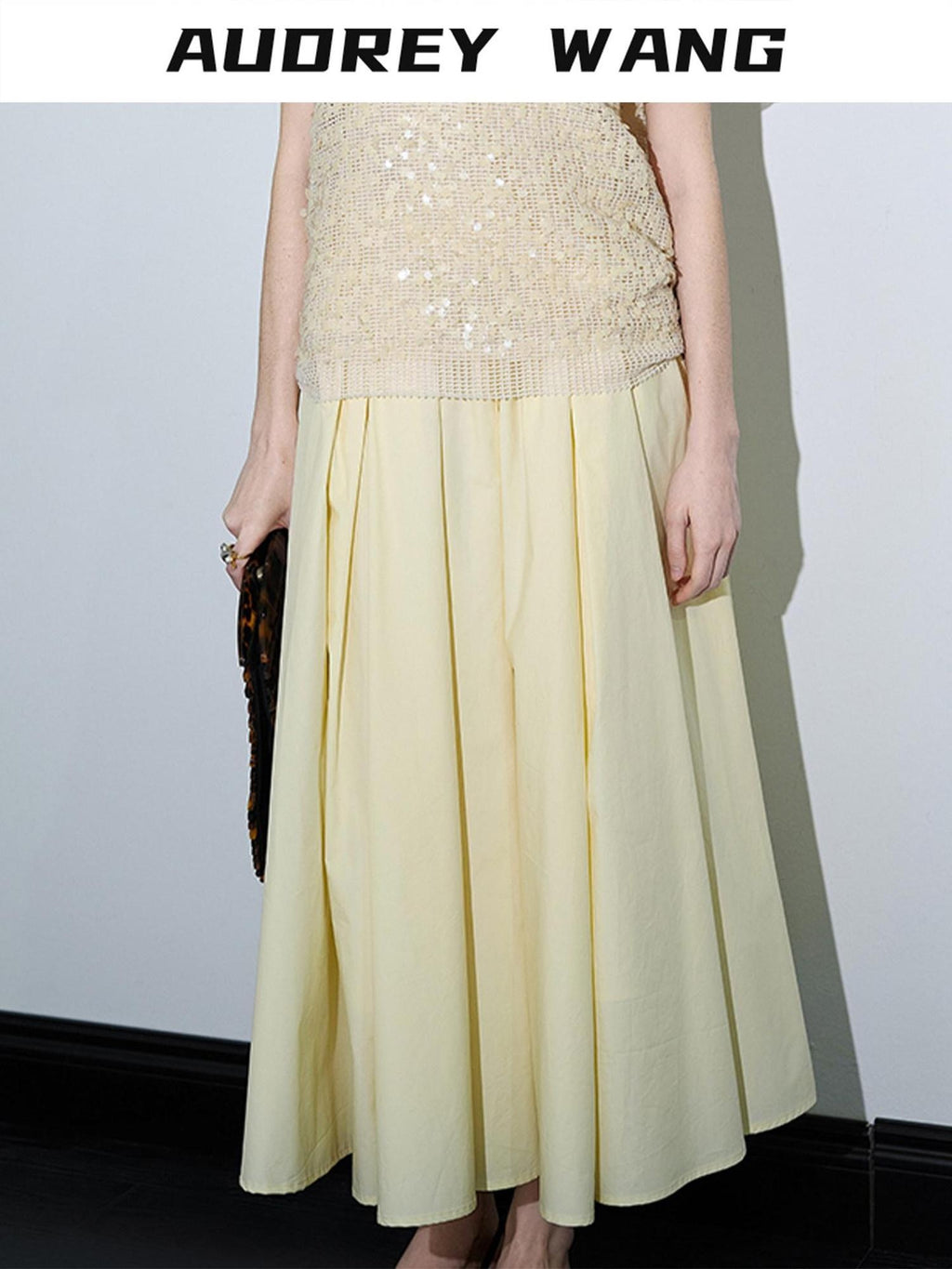 audreyyang 100% Cotton Lined Pleated H Line Mid Waist Bright Yellow Midi Skirts
