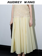 audreyyang 100% Cotton Lined Pleated H Line Mid Waist Bright Yellow Midi Skirts