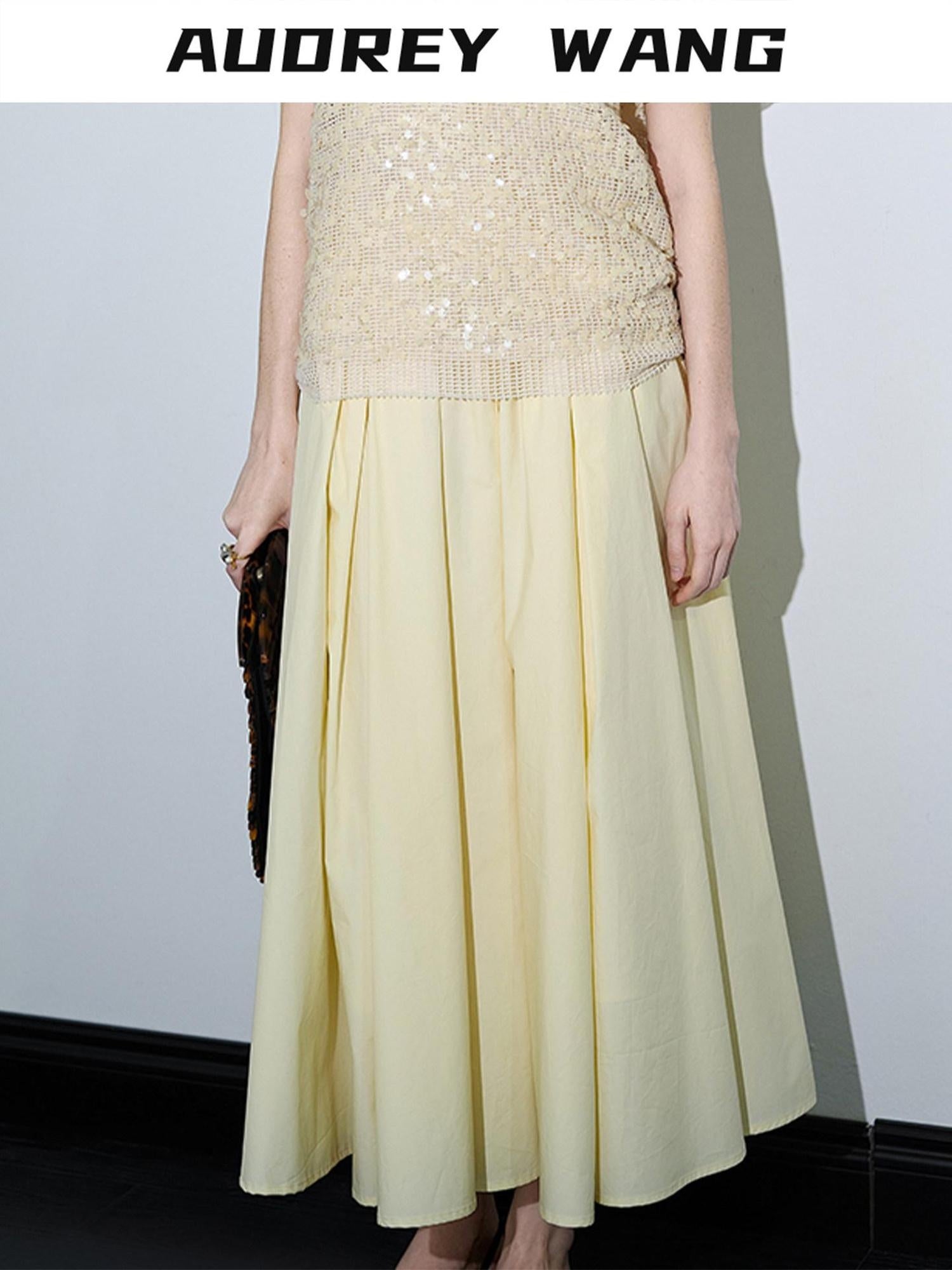 audreyyang 100% Cotton Lined Pleated H Line Mid Waist Bright Yellow Midi Skirts