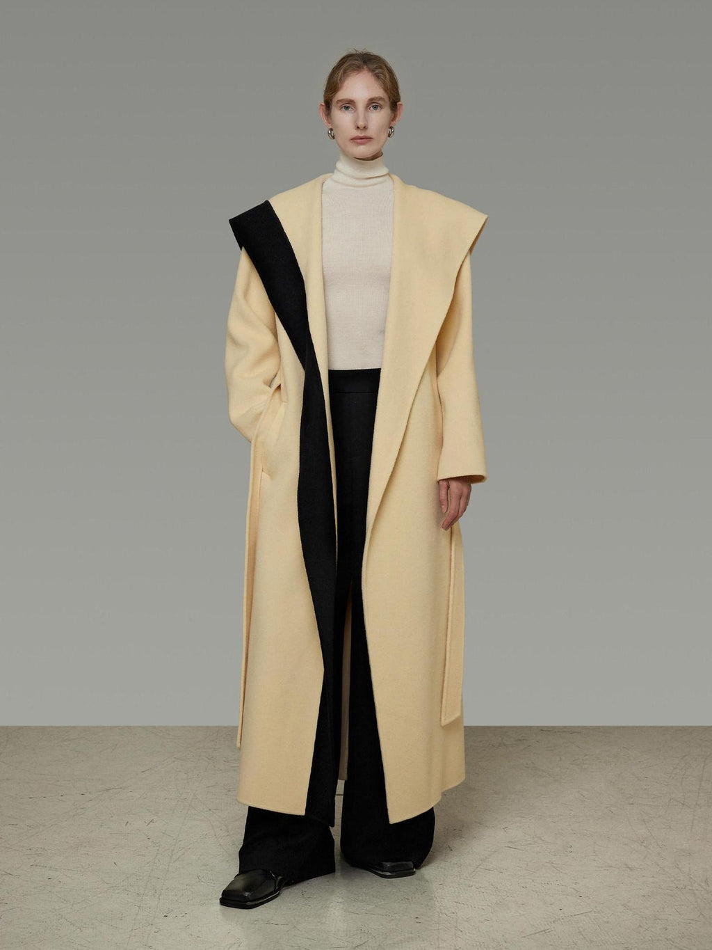 unspoken Thick Cozy Longline Loose Fit Minimal Commuter Cream Black Wool Coats