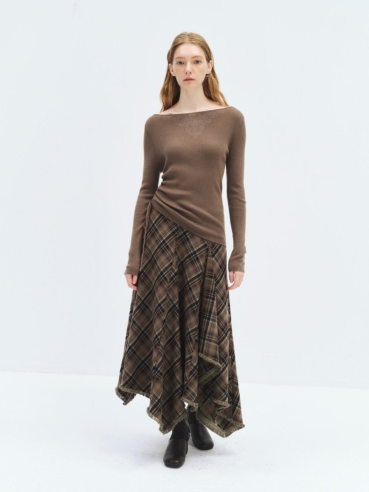 someonesometimes High Waist Vintage Irregular Hem Loose Fit Olive Check Casual Women Maxi Skirts