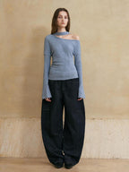 someonesometimes Viscose Blend Casual Slim Asymmetric Neck Knit Long Sleeve Sky Blue Sweaters