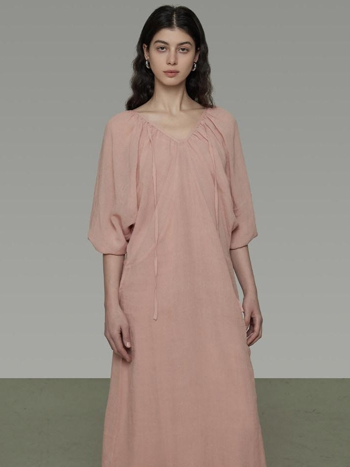 unspoken Breathable Linen Lyocell Blend Minimal A Line V-neck Pleated Women Maxi Dresses