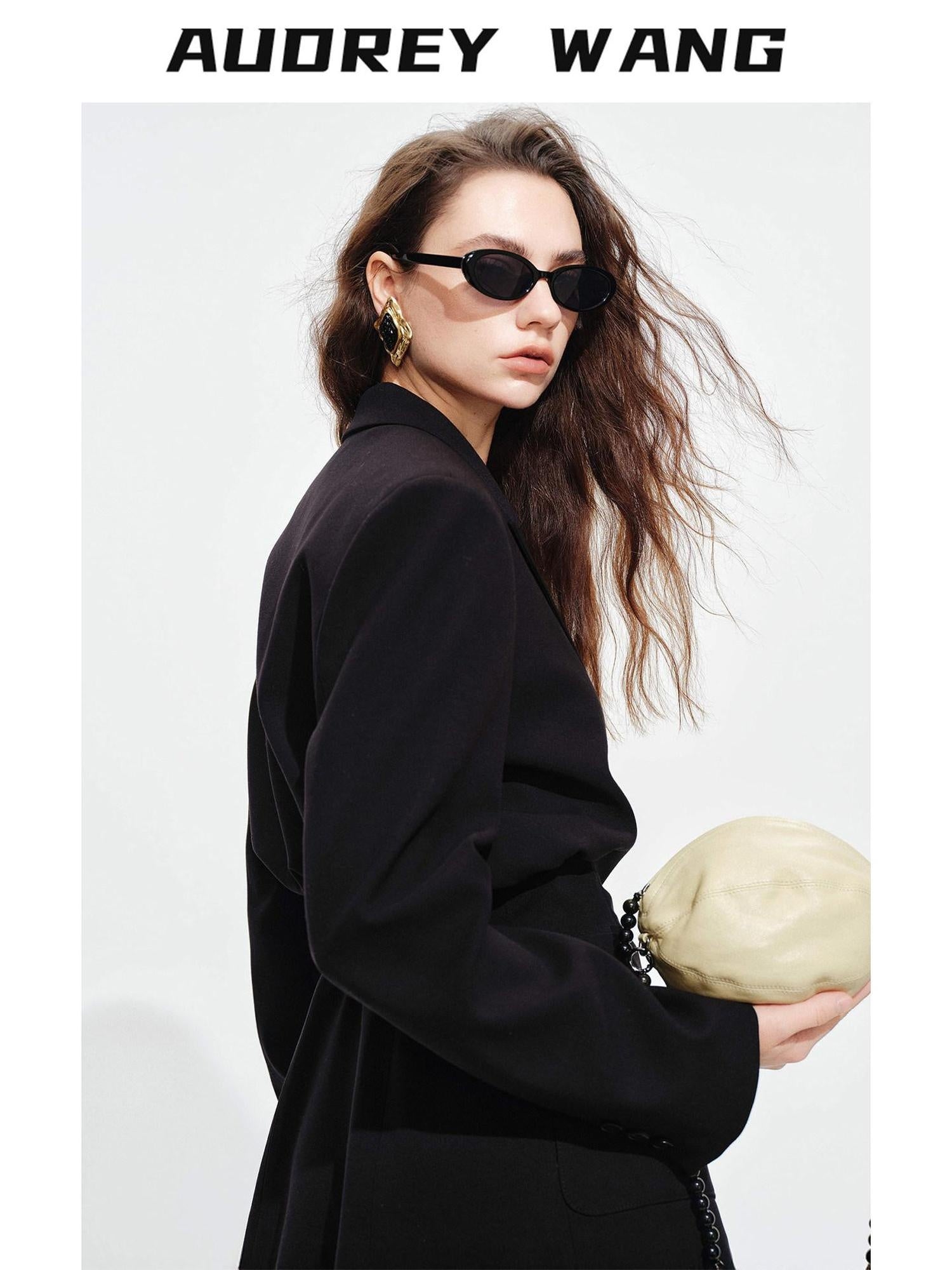 audreyyang Oversized Cinched Waist Short Notch Lapel One Button Black Polyester Blazers