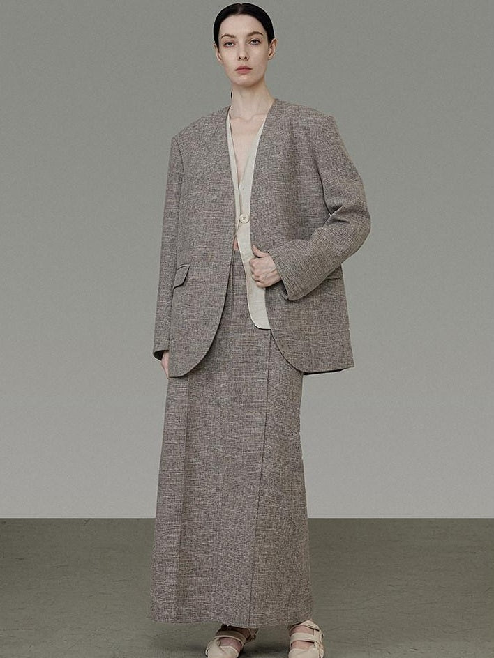 unspoken Minimalist Heather Gray Loose Fit Longsleeve Office Polyester Top & Skirt Sets