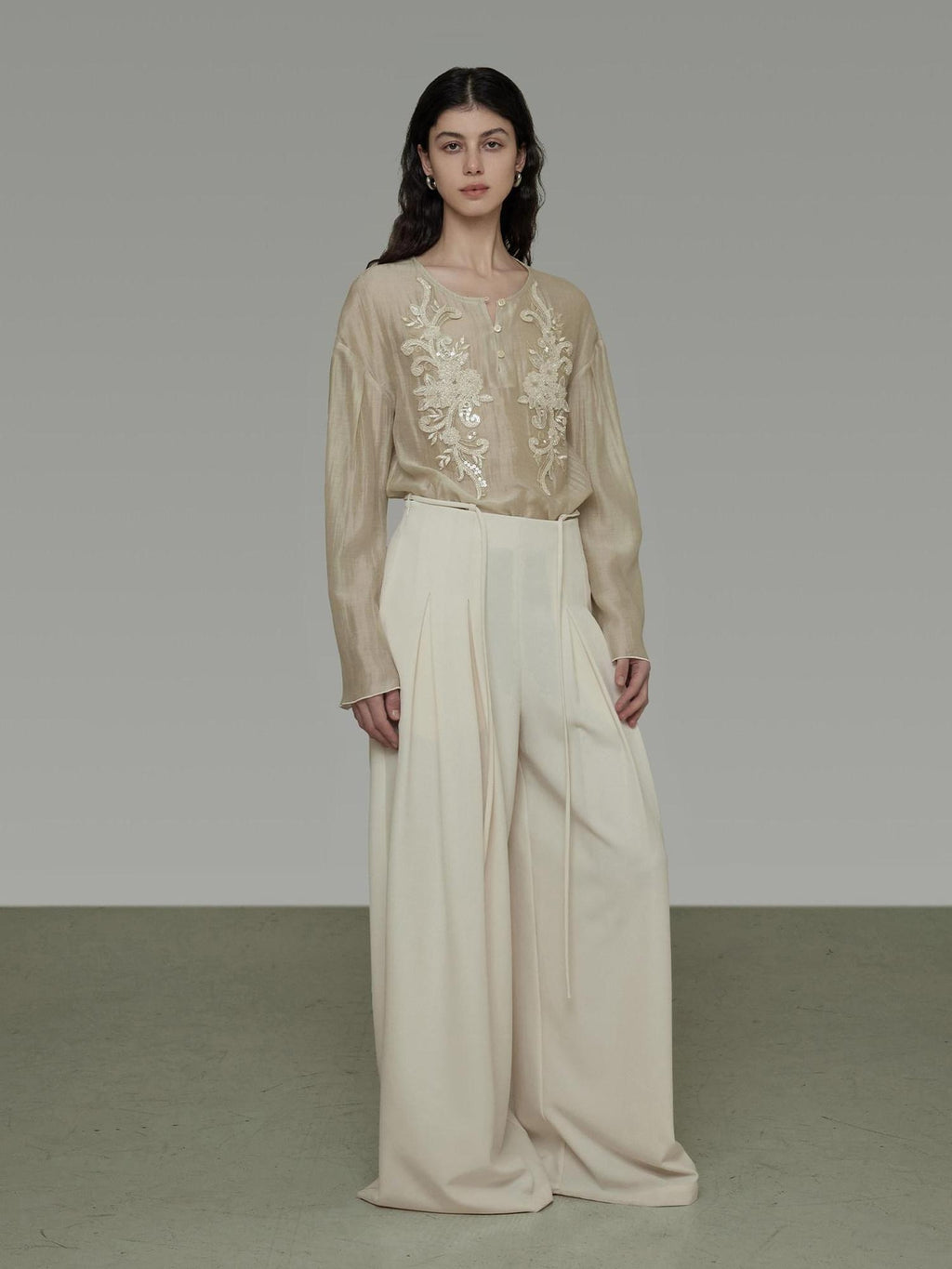 unspoken Breathable Lyocell Embroidered Vintage Loose Round Neck Women Almond Blouses