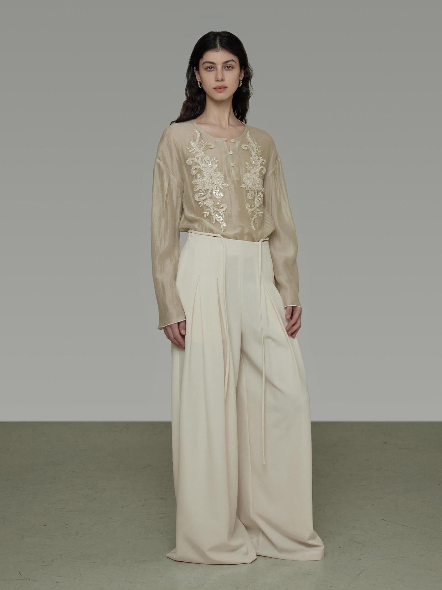 unspoken Breathable Lyocell Embroidered Vintage Loose Round Neck Women Almond Blouses