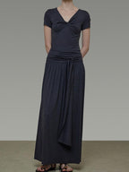 unspoken Lyocell Blend V-neck Slim Fit Minimal Workwear Women Solid Color Maxi Dresses