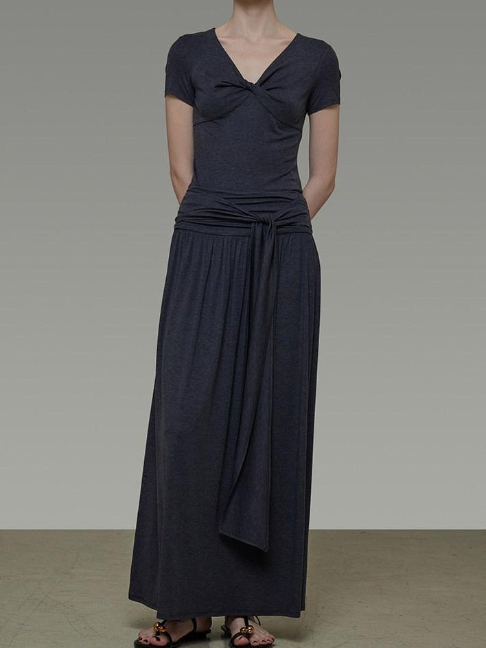 unspoken Lyocell Blend V-neck Slim Fit Minimal Workwear Women Solid Color Maxi Dresses