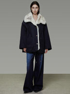 unspoken Fur Lined Thick Minimal Commuter Loose 3D Tailored Cotton Navy Puffer Jackets