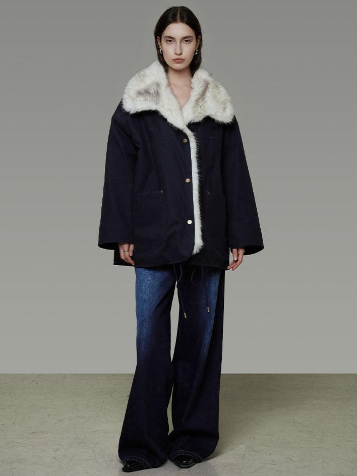 unspoken Fur Lined Thick Minimal Commuter Loose 3D Tailored Cotton Navy Puffer Jackets