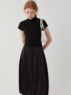 fano High Waist Minimalist Office A Line Short Sleeve Mock Neck Black Midi Dresses