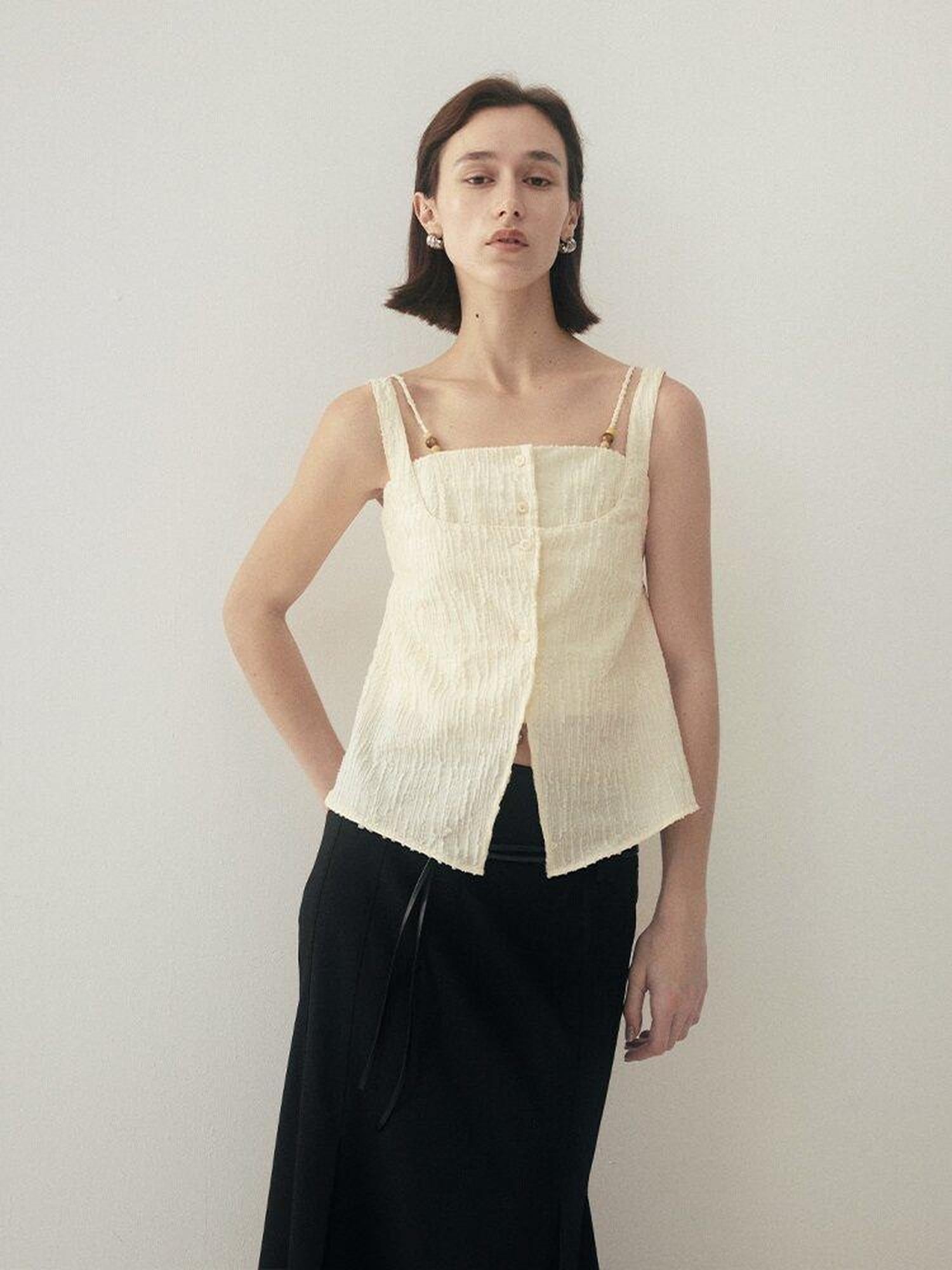 someonesometimes Button Detail Workwear Straight Fit Stretch Almond Beige Camisoles