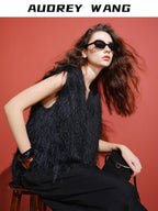 audreyyang Polyester V-neck Mid Length Loose Fit Single Wear Women Casual Vests