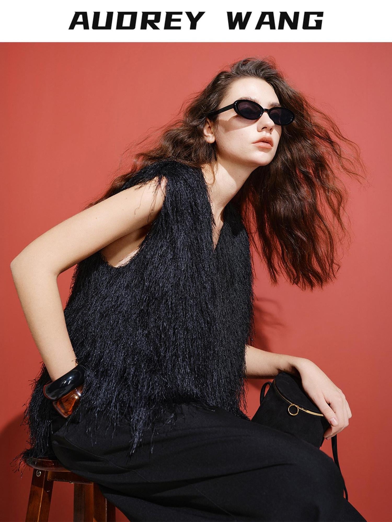 audreyyang Polyester V-neck Mid Length Loose Fit Single Wear Women Casual Vests