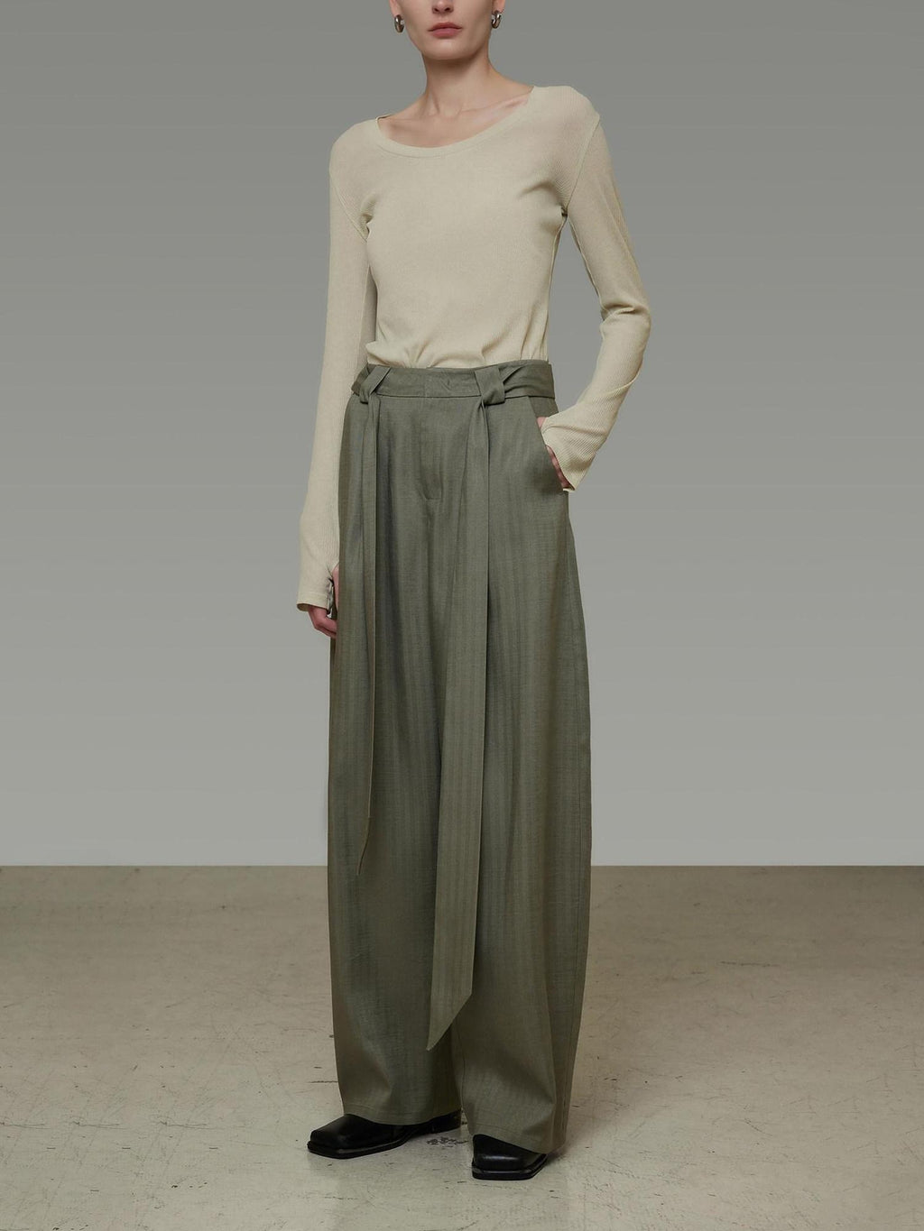 unspoken Sexy High Waist Striped Drawstring Straight Hem Office Breathable Wide Leg Pants