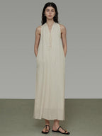 unspoken Soft Tencel Blend Minimal Halter Vneck Aline Relaxed Waist Maxi Dresses