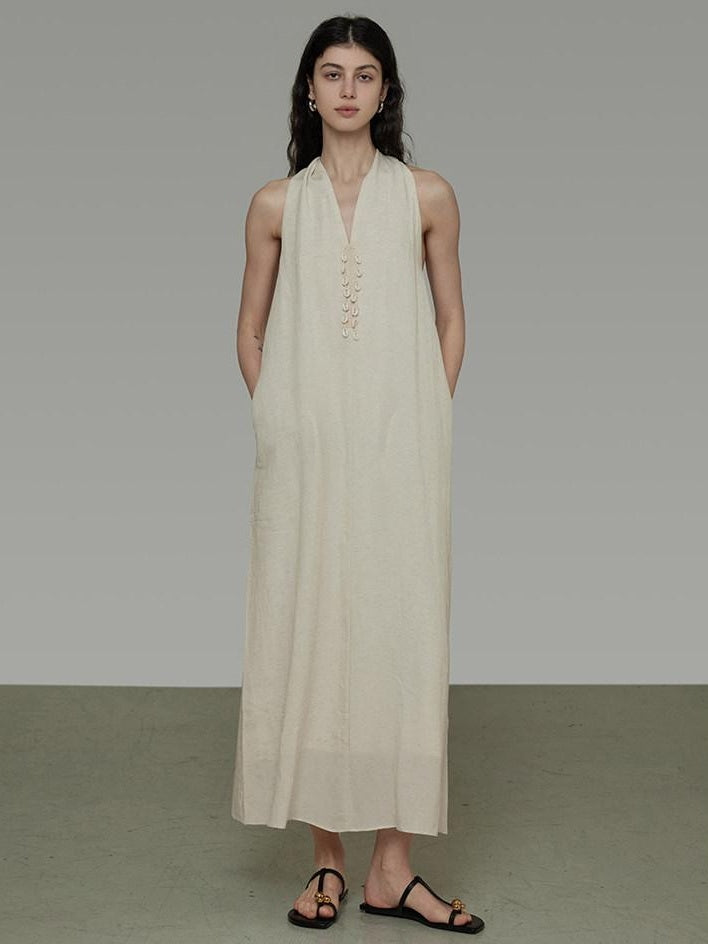 unspoken Soft Tencel Blend Minimal Halter Vneck Aline Relaxed Waist Maxi Dresses
