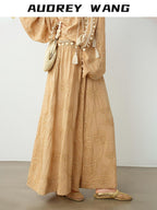 audreyyang Breathable Pure Cotton Floral Natural Waist Relaxed Women Khaki Wide Leg Pants