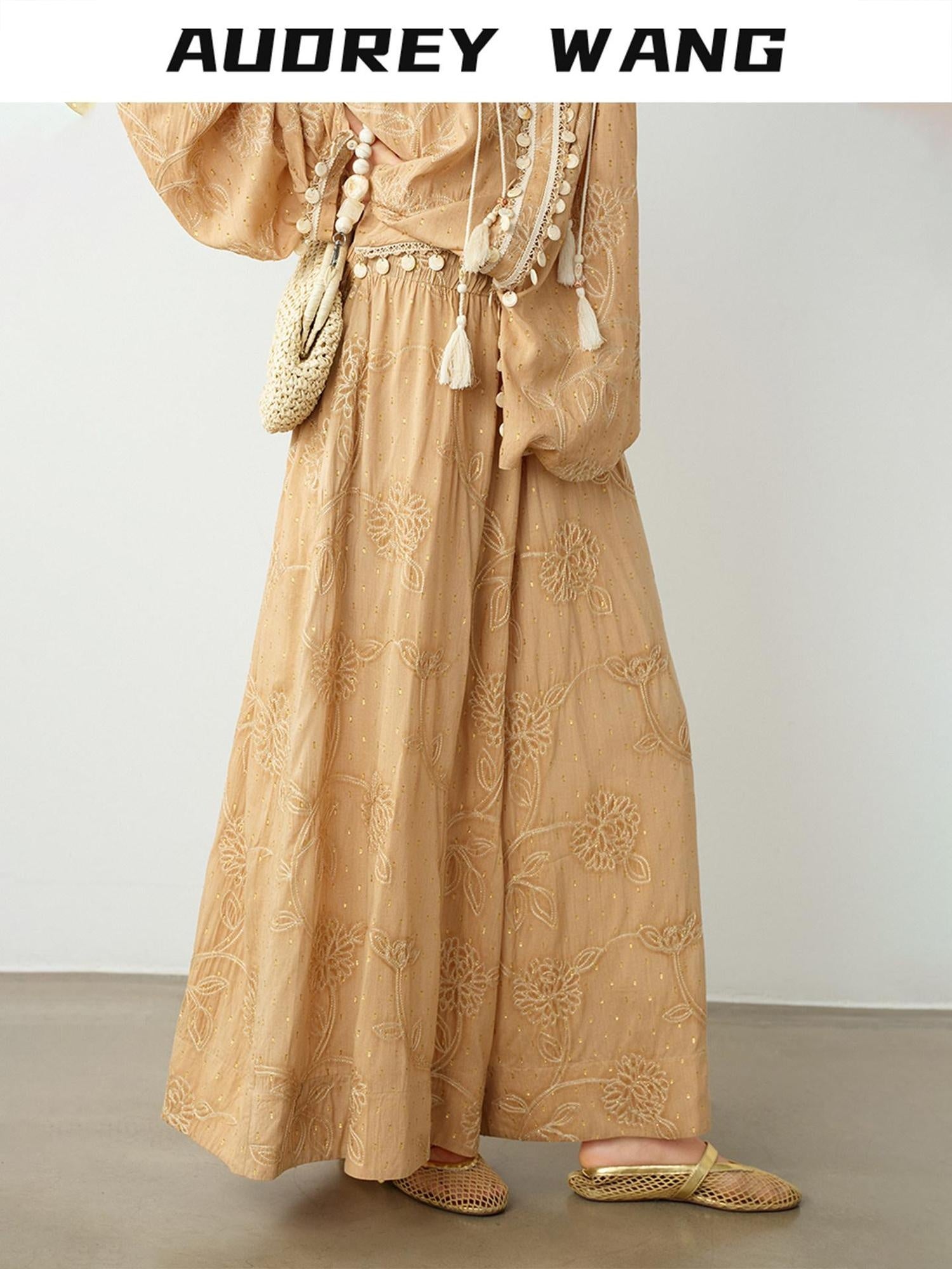 audreyyang Breathable Pure Cotton Floral Natural Waist Relaxed Women Khaki Wide Leg Pants