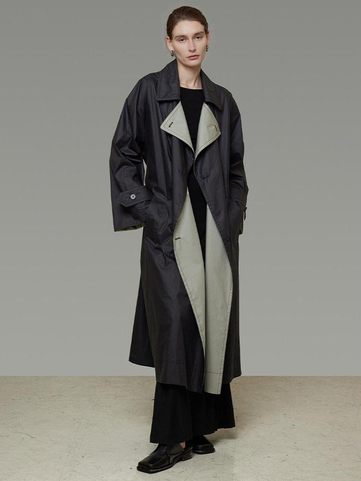 unspoken Minimal Commuter Long Double Breasted Loose Fit Women Black Olive Trench Coats