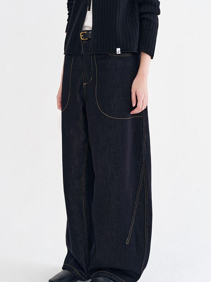 fano Vintage Washed Cotton Loose Natural Waist Casual Women Dark Wide Leg Pants
