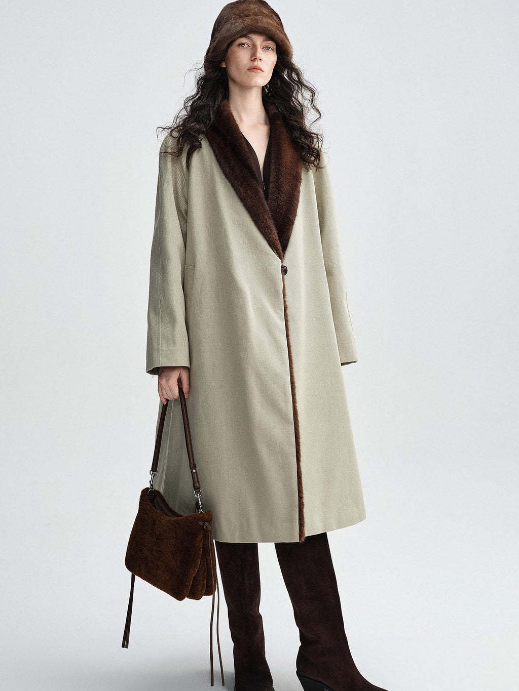 audreyyang Warm Thick Lapel Patchwork Slavic Loose Fit For Women Faux Fur Almond Long Coats