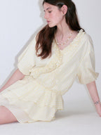 fano Pure Cotton High Waist Ruffle Puff Sleeve V-neck Yellow Striped Midi Dresses