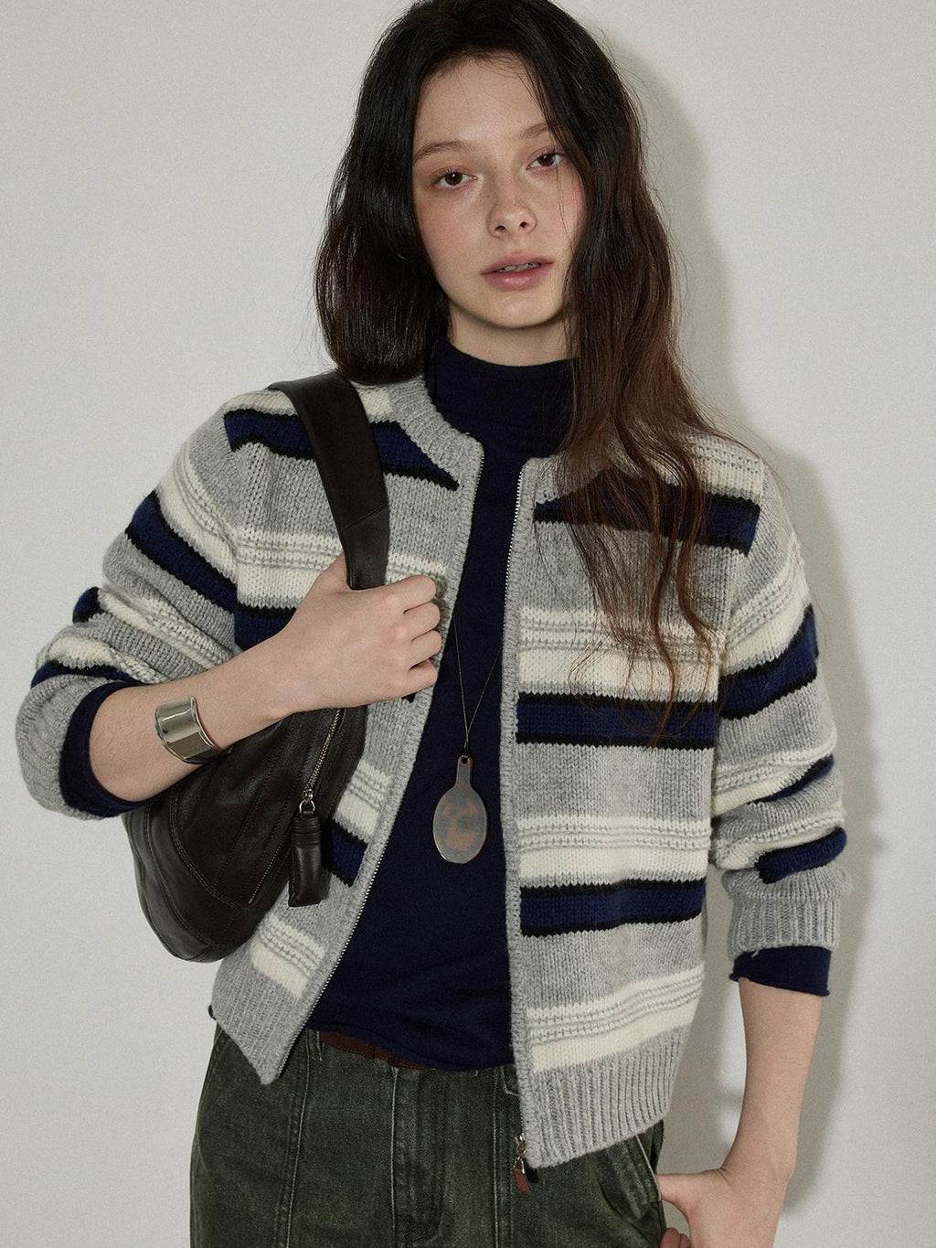 Lofi choose Soft Wool Blend Commuter Loose Fit Colorblock Zip Knit For Women Cardigans