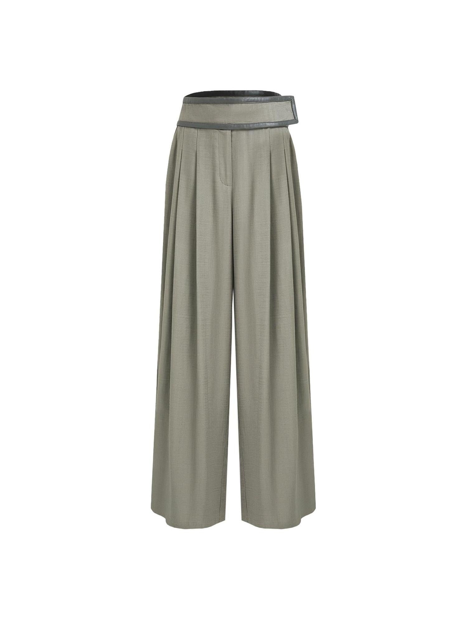unspoken High Waist Breathable Lyocell Blend Minimal Office Moss Green Wide Leg Pants