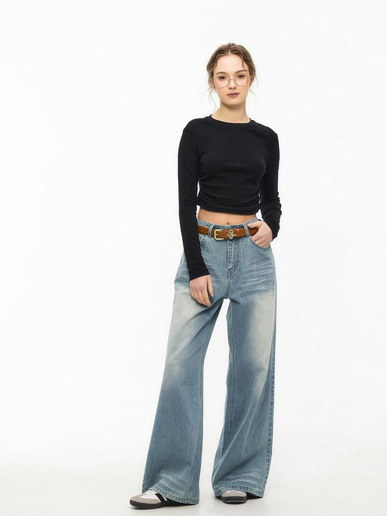 ikyou Slim Drawstring Long Sleeve Combed Cotton Crewneck Black White Basic Crop Tops