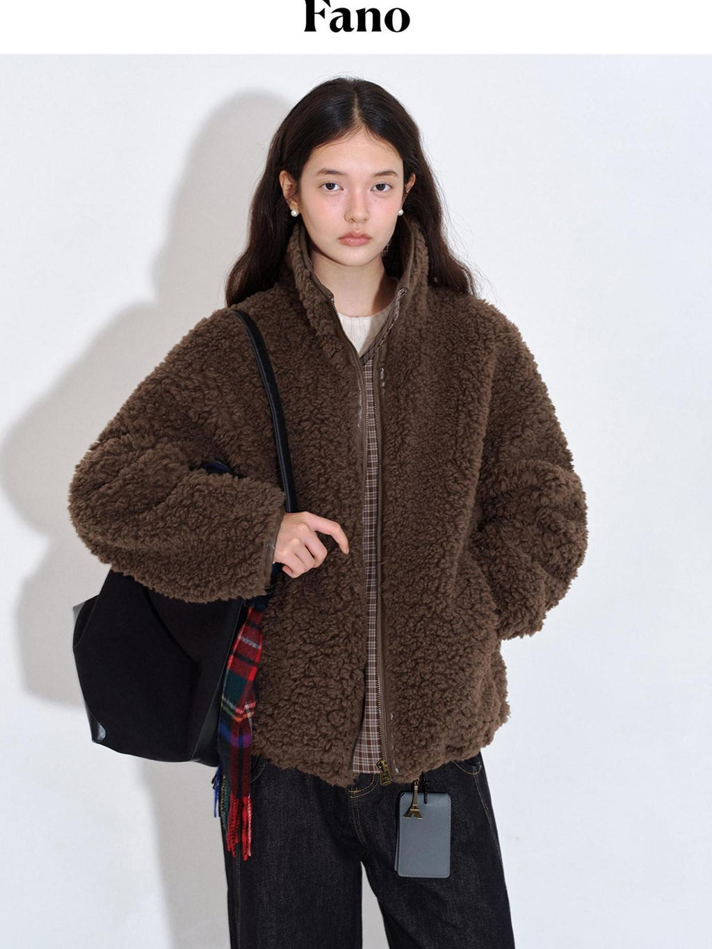 fano Warm Lambswool Plaid Stand Collar Zip Loose Fit Casual Women Brown Short Coat