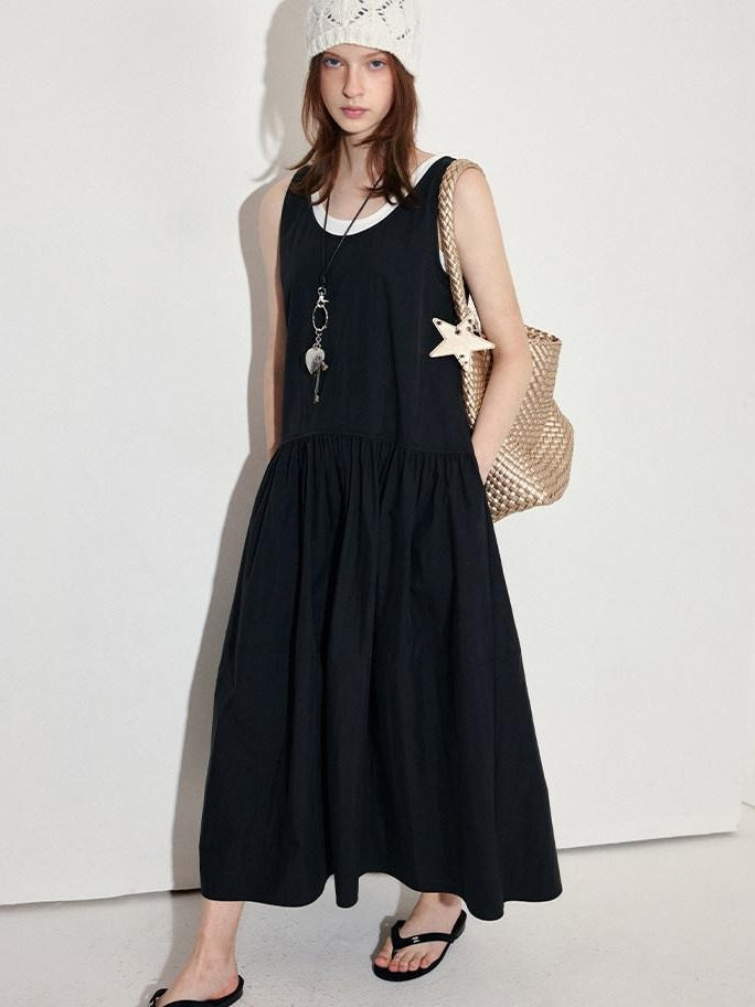 fano Black Cotton Blend A Line Sleeveless Round Neck Natural Waist Women Maxi Dresses