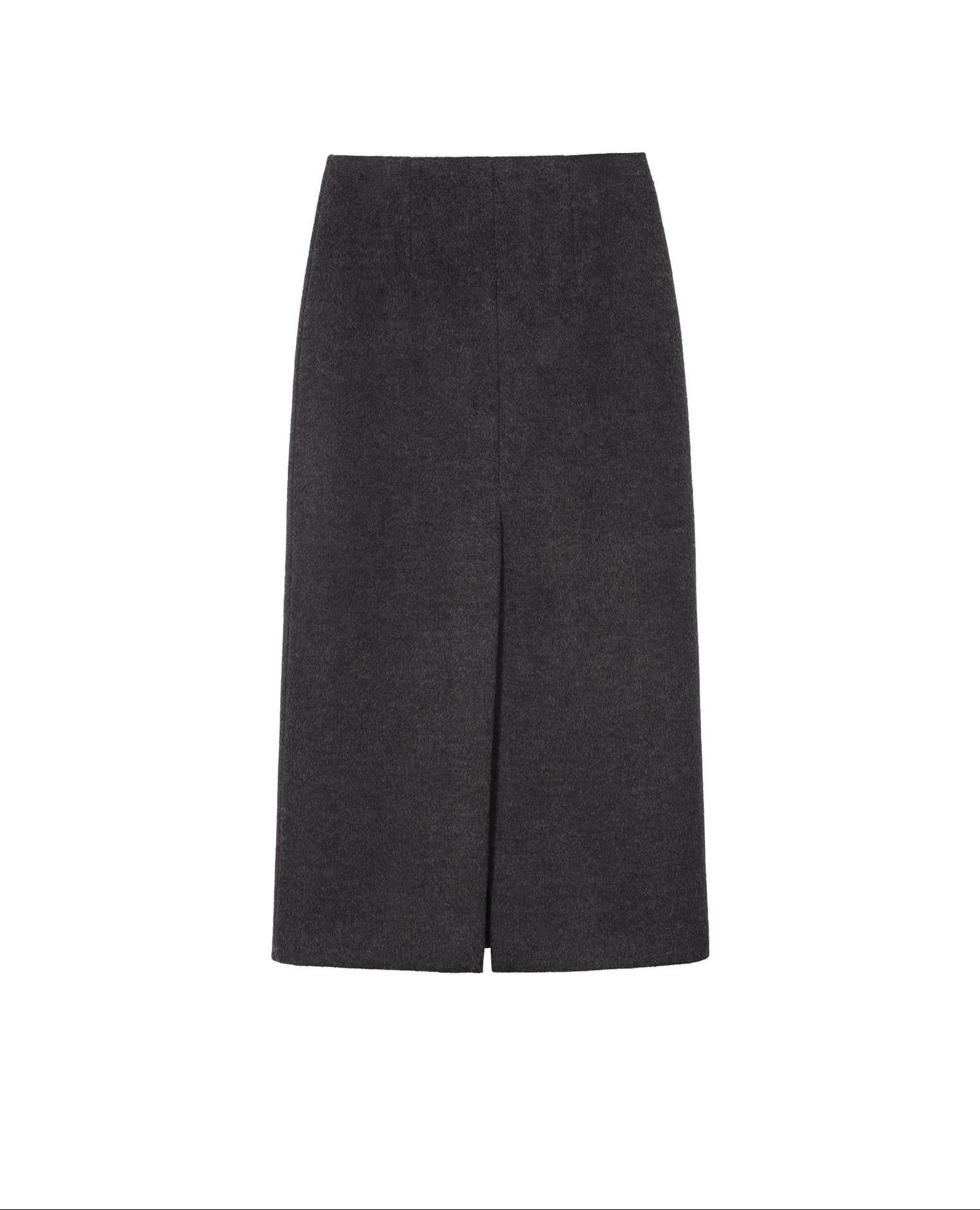 audreyyang Wool Blend Straight Cut Side Slit Mid Waist Women Gray Standard Fit Maxi Skirts