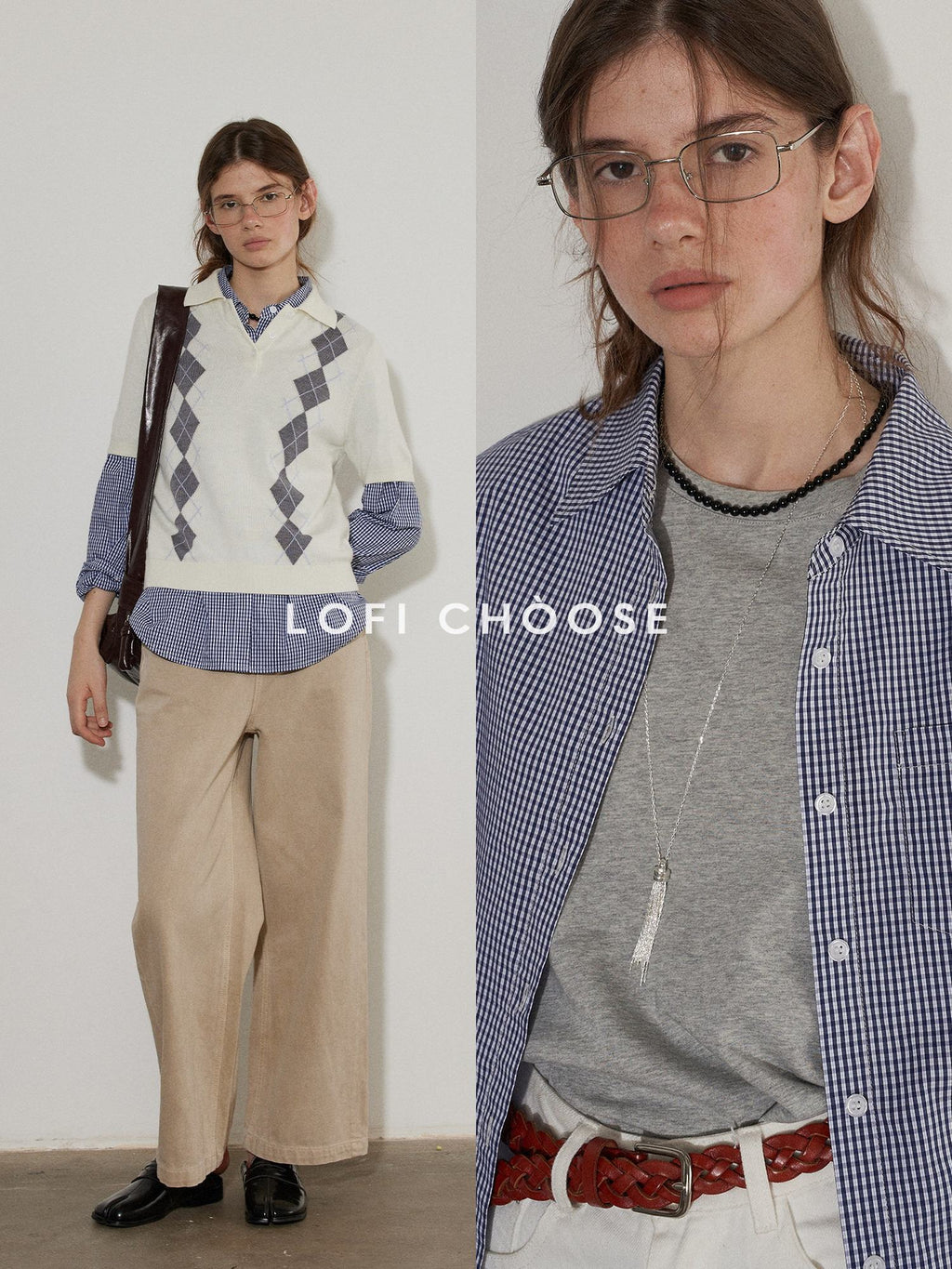 Lofi choose Flattering Plaid Minimal Collared Loose Long Sleeve Button Women Blue Shirts