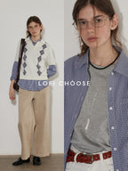 Lofi choose Flattering Plaid Minimal Collared Loose Long Sleeve Button Women Blue Shirts