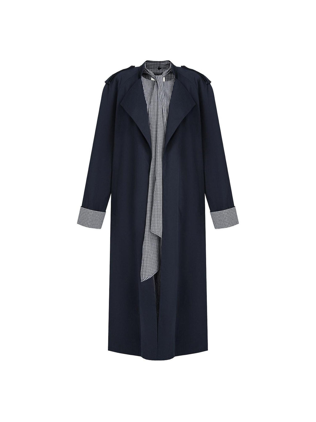 unspoken Minimal Navy Plaid Single Breasted Midlength Relaxed Women Trench Coats