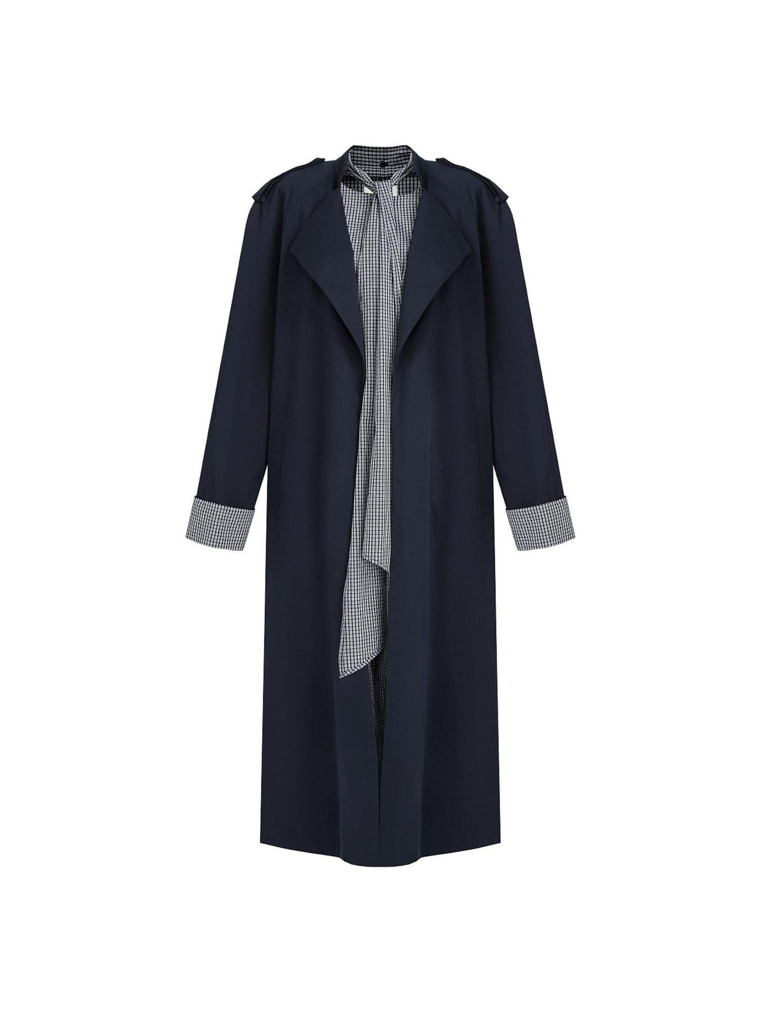 unspoken Minimal Navy Plaid Single Breasted Midlength Relaxed Women Trench Coats