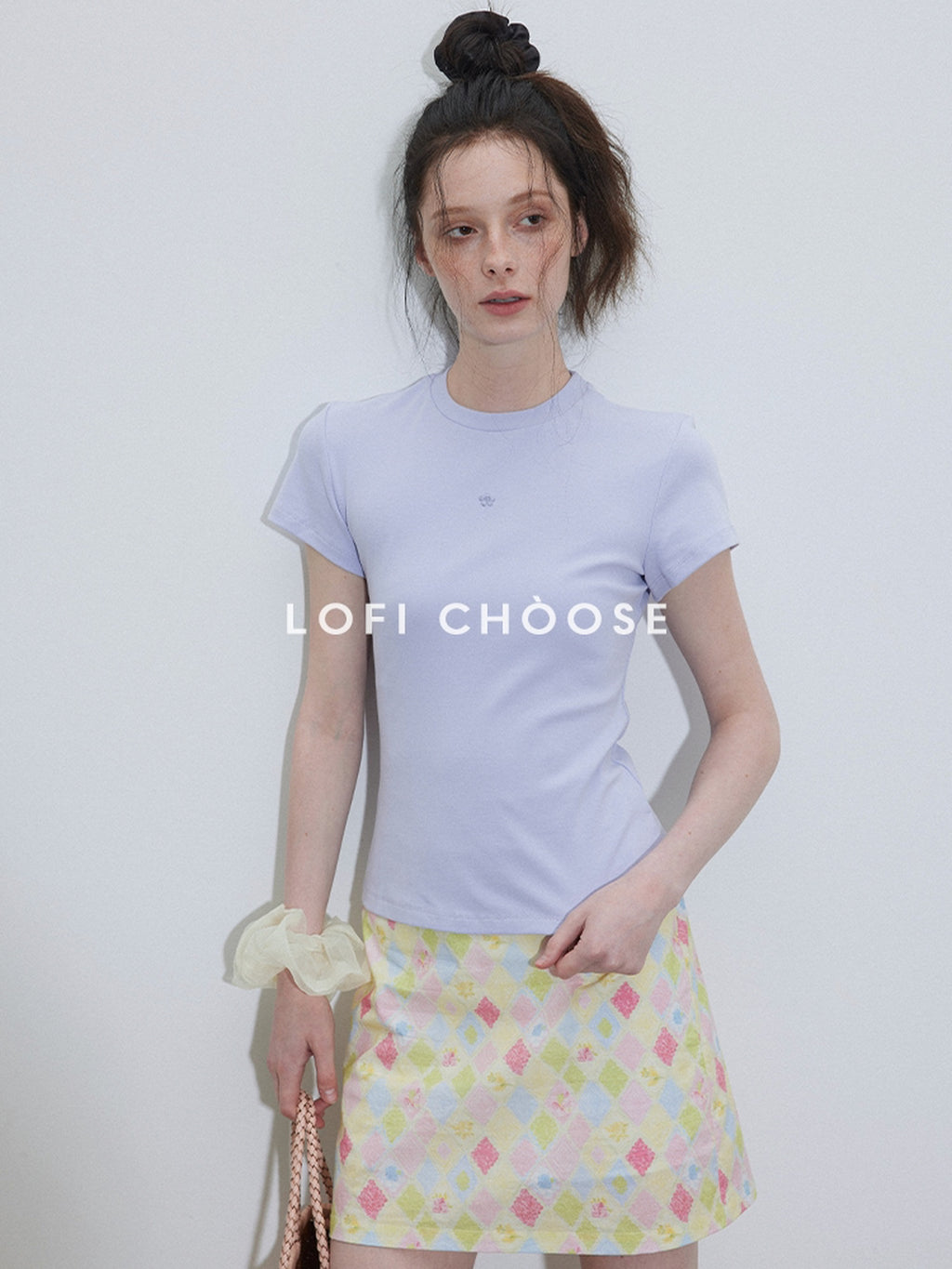 Lofi choose Embroidered Loose Fit Round Neck Office Women Purple Navy Short Sleeve T-Shirts