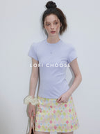 Lofi choose Embroidered Loose Fit Round Neck Office Women Purple Navy Short Sleeve T-Shirts