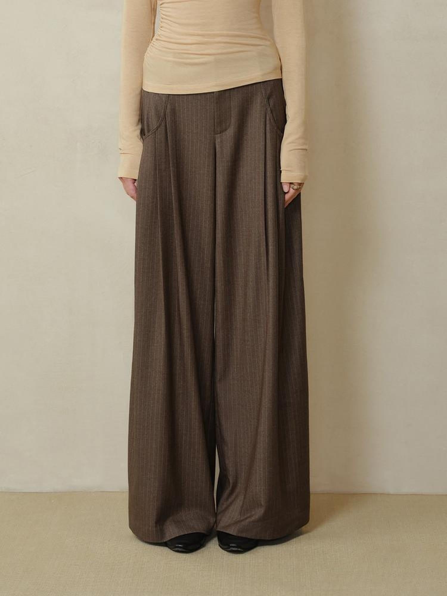 someonesometimes Shape Retaining Pleated Natural Waist Brown Striped Poly Stretch Wide Leg Pants