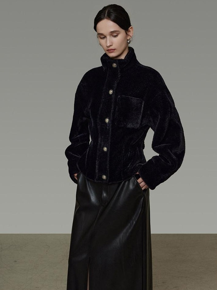unspoken Thick 3D Tailored Slim Stand Collar Women Black Single Breasted Short Coat