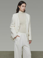 unspoken Soft Ivory Wool Blend Tailored Slim V-neck Long Sleeve Commuter Cardigans