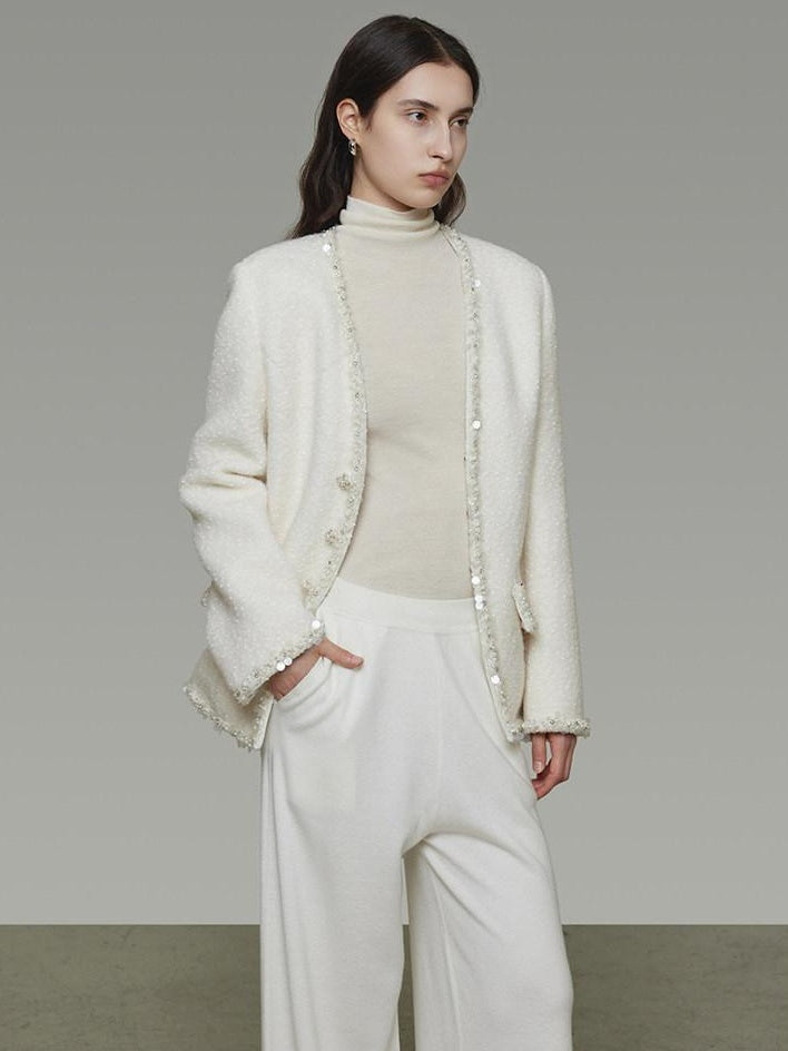 unspoken Soft Ivory Wool Blend Tailored Slim V-neck Long Sleeve Commuter Cardigans