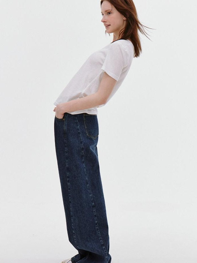 fano Deep Blue Natural Waist Relaxed Casual Zip Fly No Stretch Wide Leg Jeans