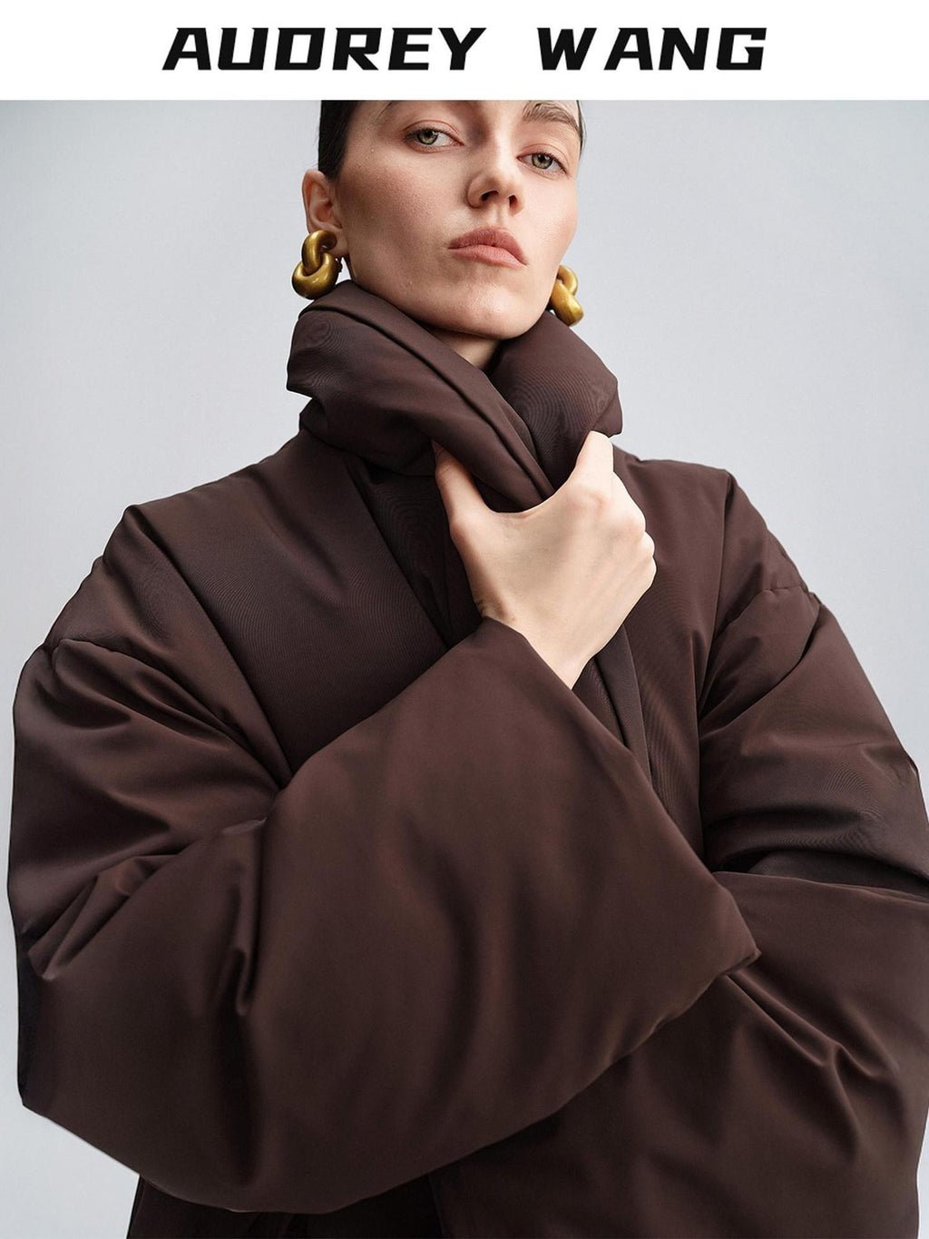 audreyyang Warm 90% Duck Down Loose Casual Stand Collar Women Chocolate Brown Down Jackets