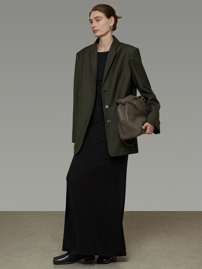 unspoken Breathable Dark Green Loose Lapel Blazer High Waist Casual Top & Skirt Sets