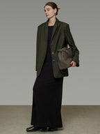 unspoken Breathable Dark Green Loose Lapel Blazer High Waist Casual Top & Skirt Sets