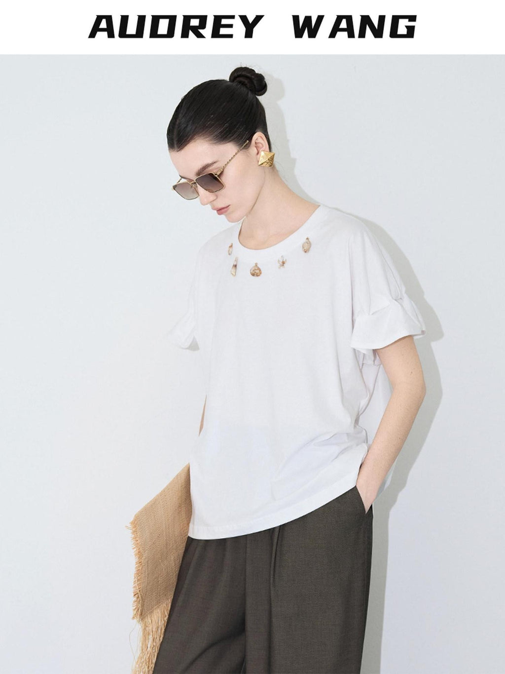audreyyang Pure Cotton Loose Fit Casual Round Neck Women White Navy Short Sleeve T-Shirts