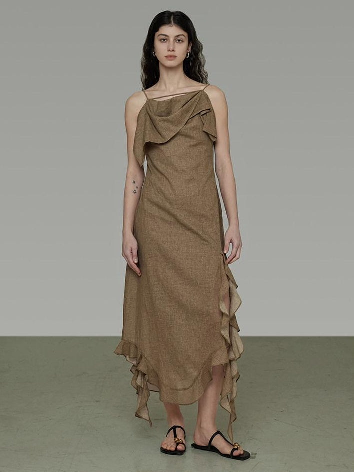 unspoken Cotton High Waist Irregular Hem Minimal Work Strappy Brown Maxi Dresses